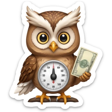 cute female mascot owl holding money scale with two sides sticker