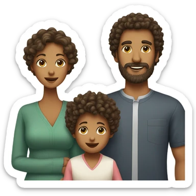 Family of three, a curly hair mom, dad with beard and baby sticker
