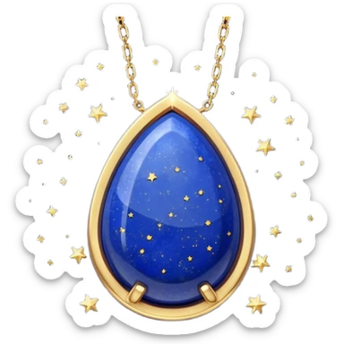 lapis lazuli stone in original form, cradled by a shimmering gold chain, surrounded by tiny stars sticker