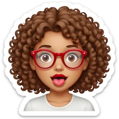 tan girl with curly brown hair and red glasses  sticking tongue out  sticker