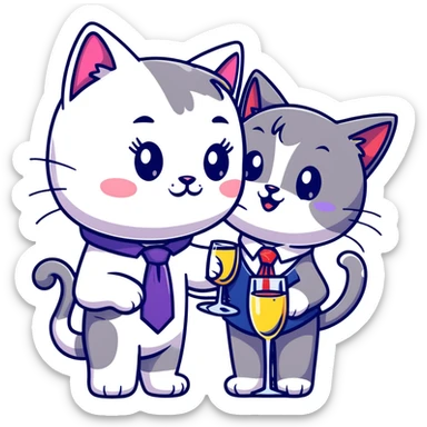 happy girl cat with eyelashes wearing a colorful necktie and happy boy cat wearing a professional necktie clinking champagne glasses together in celebration, both with cheerful expressions sticker