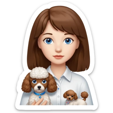 Kobieta z długimi brązowymi włosami, grzywką i niebieskimi oczami. Ubrana jest w białą koszulę. Trzyma na rękach małego brązowego pudelka. sticker