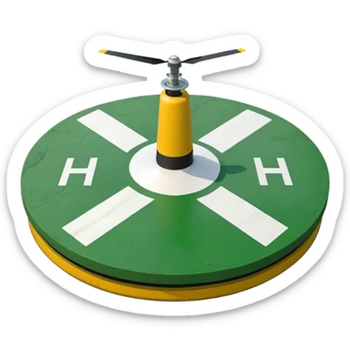 a helipad with a green surface and an H in the center sticker