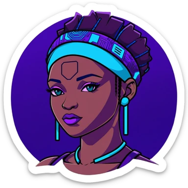 Cyberpunk African female portrait with digital augmentations, electric blue and purple lighting, high-tech headpiece with African pattern elements sticker