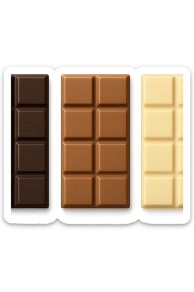 3 emoji stile iphone di BARRETTE DI CIOCCOLATO, UNA FONDENTE, UNA AL LATTE E UNA BIANCA, CON OMBRA REALISTICA, VISTE DALL'ALTO, IPERREALISTICO 4K sticker