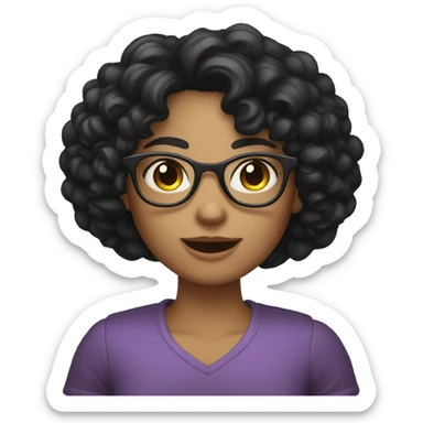 A curly-black-haired fair girl with glasses and Wink sticker