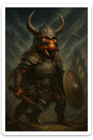 viking warrior ant, horned helmet, detailed armor, epic fantasy style sticker