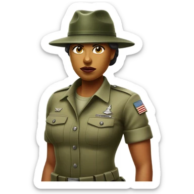 a female drill sergeant character wearing a classic sergeant hat and a camouflage army shirt. The character should have an angry intense expression. full torso sticker