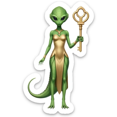 a reptilian alien woman full body, in gold dress, hold big key sticker