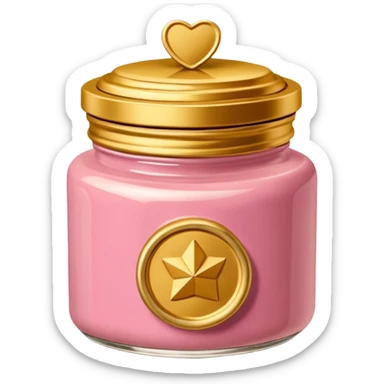 Una miniatura fotorrealista de un tarro de mantequilla corporal elegante, con una tapa dorada brillante. Una sola moneda de oro, pequeña y sutil, reposa al lado del tarro. Iluminación suave de estudio. Colores: rosa, terracota y dorado. Estilo: lujo en miniatura. sticker