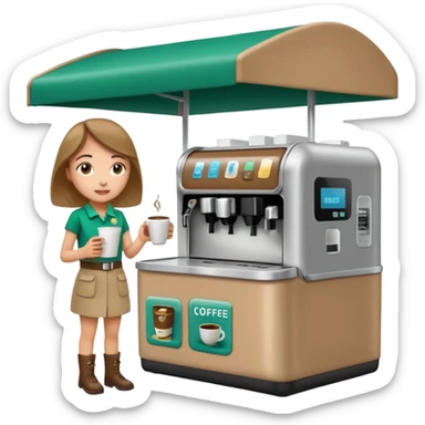 Very busy Girl Scouts selling coffee at her roped-off and covered booth stand by the side of the road with their own robotic looking coffee machine accepting all forms of payment  sticker