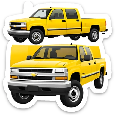 Minimalist bright yellow 1997 Chevrolet C-2500 Crew Cab Silverado truck, three-quarter view at 30 degrees, simplified design, same yellow color as in Kill Bill movie, iOS emoji style sticker