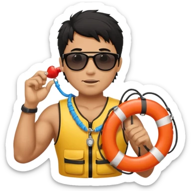 Dark Tan Muscular lifeguard without shirt with messy black hair with sunglasses, with whistle with life preserver sticker