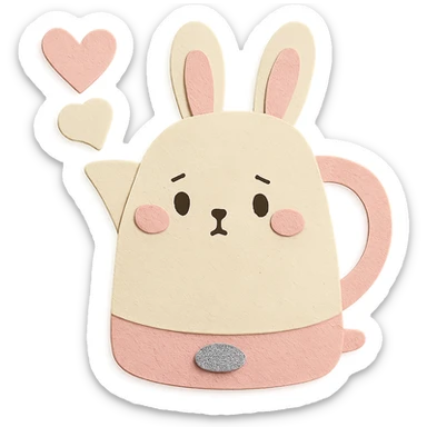 kawaii electric kettle shaped like a shy bunny, steam heart, pastel white and pink, full-body sticker