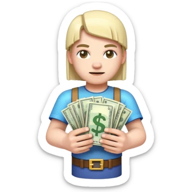emoji style icon, minecraft blocky character holding a stack of money, pixel art style, bright colors, simple background, 3D glossy emoji, centered composition, soft shadow, high detail, clean outline, white background sticker