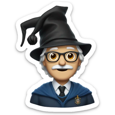 older man with white skin, black longer hair, mustache, glasses, with a magic hat, ravenclaw sticker