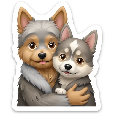 Old yorkie hugging a husky dog sticker