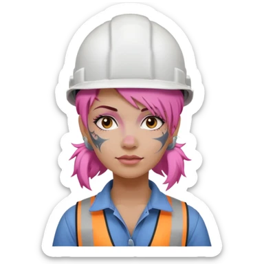 construction worker woman pink hair, white helmet and face tattoo sticker