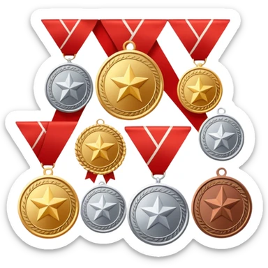 Icon for Collecting Orders, Medals & Badges: a variety of medals, orders and badges displayed on a large red pennant with fringed edges. The icon should convey the prestige and historical value of these collectibles. Transparent background. sticker