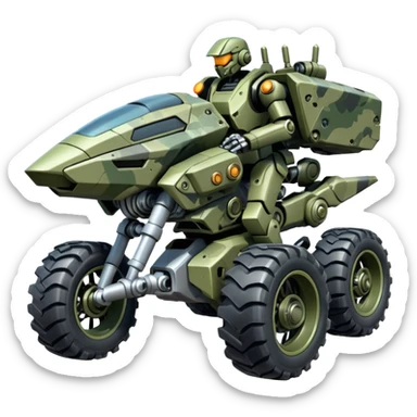 a 4-wheel camouflage army massive mech motorcycle shooting forward enemy mech off-road racing motorcycle  sticker