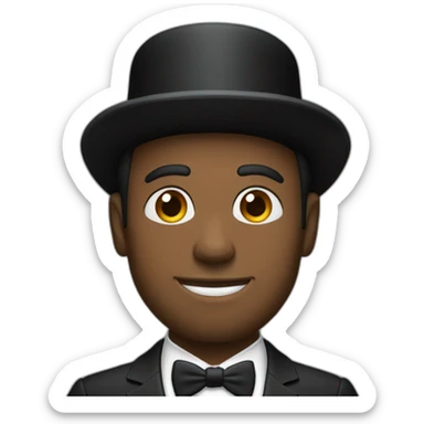 30 year old man, black suit, white tie and black top hat sticker