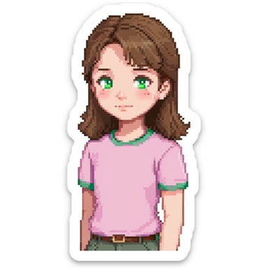 teacher with brown hair, white skin, wearing a pink t-shirt sticker