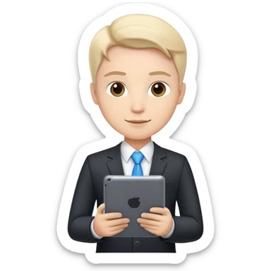 business executive confidently, holding a digital tablet or folder, wears smart business attire sticker