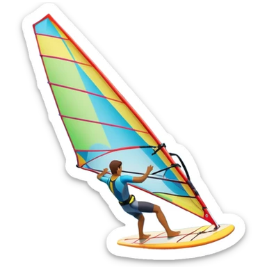 A windsurfer gliding across the ocean, with a vibrant sail catching the wind. The scene captures the motion of the board riding the ocean waves, surrounded by the bright blue sky and ocean, symbolizing the excitement and skill required in the sport of windsurfing. sticker