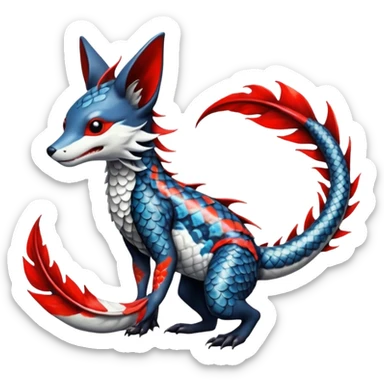 Edgy badass swimmy wet painted intricate ornate Japanese Asian koi-Sergal-Lykoi-Linoone-Electrike-Linoone-Zangoose-fusion-hybrid-animal-Fakémon-creature, full body, thin long sleek scaly tail, intricate markings sticker