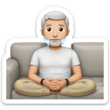 a 50 yo man short grey hair stubble beard laying on a ottoman of a light grey cord couch sticker
