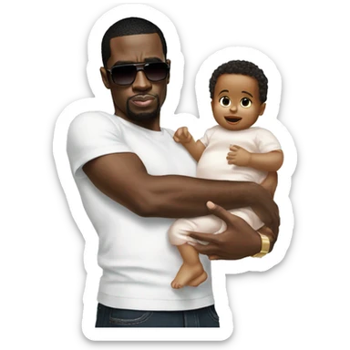 P. Diddy holding baby oil and a baby sticker