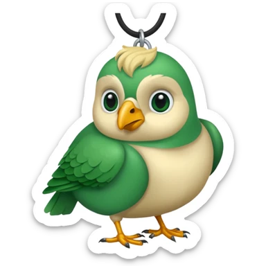 un oiseau classique tout vert avec un collier autour de son cou avec des breloque argentées et un seul poil blond qui fait une petite bouclette sur le front  sticker