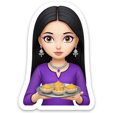 a pretty bratz girl with straight black hair, wearing a purple kurti, silver jhumkas, eyeliner, carrying a plate of momos sticker