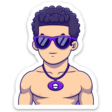 shirtless male athlete with white skin and moderately curly black hair on top with shaved sides, wearing purple sunglasses with black tinted lenses and a shiny black necklace sticker