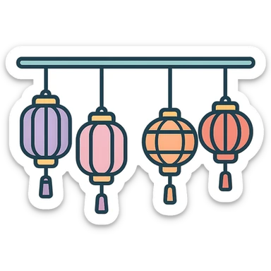 horizontal text divider, long delicate thread with Chinese lanterns, thin clean outlines, soft rounded shapes, pastel palette #98B5BC, #B5B3C1, #C9A3C9, #E4C0CA, #F7DCD1, #F7C0AA, detailed shadows and highlights, soft lighting, transparent background, modern Japanese pop art and sticker aesthetic, length about 8 emoji slots sticker