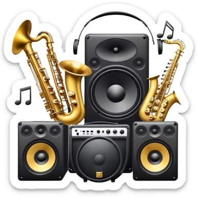 Icon for R&B Music Listening: large concert speakers and headphones with waves of musical notes coming out, along with drums, bass guitar and saxophone. The icon should convey the energetic and rhythmic vibe of R&B music. Transparent background sticker