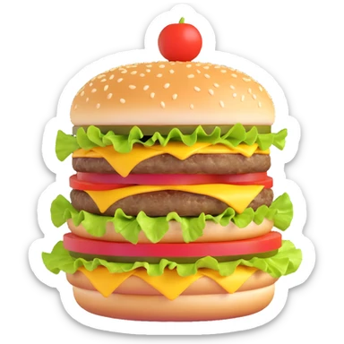 3D illustration of a stacked cheeseburger with extra cheese, lettuce, tomato, and pickles, realistic style sticker