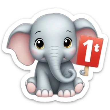 Animated baby elephant holding a sign with the words "#1 Fan" on it sticker