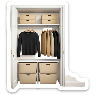 Cute closet with door ajar revealing black long sleeve shirts, sweaters, and khaki work pants hanging organized sticker
