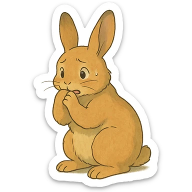 apricot bunny biting paw nervously, full body, soft ghibli style sticker