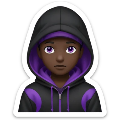 Cartoon blacked character related to a shadow, with all black clothes, focusing a hoodie with his cap on, no visible face because of the darkness, just his purple shadow eyes making a light bloom sticker