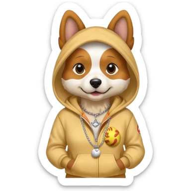 Dog wearing a softball hoodie at a park and wearing a necklace saying “chicken “ sticker