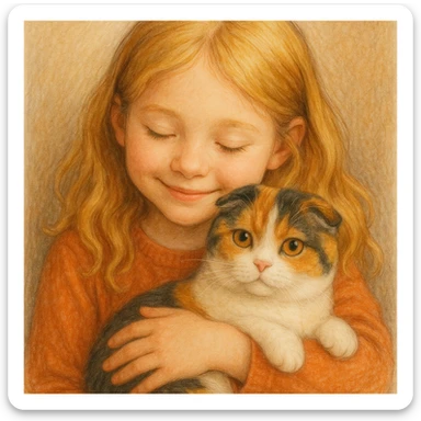 a blonde girl snuggling a Scottish Fold cat with three colors, warm and friendly style sticker