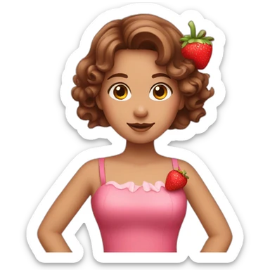 Girl with brown wavy hair and a pink dress and strawberry decorations sticker