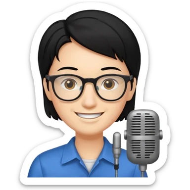 Un locutor de radio, pelo negro, con gafas, sticker