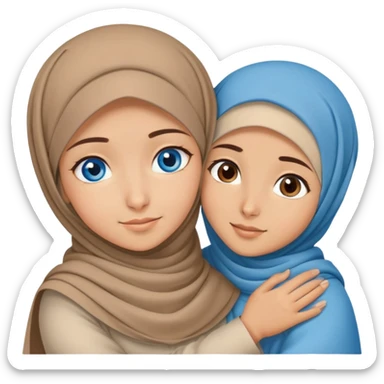 Turkish beautiful finish Konya girl blue eyes with brown beige hijab islamic dress and hugs with brother  sticker