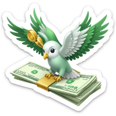 un fajo de dólares con alas volando, "que no sea un ave agarrando el fajo" quiero que el fajo de billetes tenga alas sticker