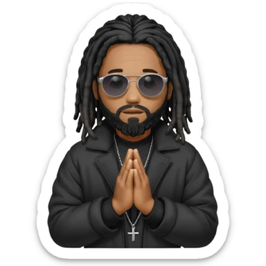 African American man with shoulder length black dreadlocks with black beard wearing black sunglasses wearing a black bubble winter coat praying sticker