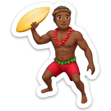 Dark Muscular 50 year old Hawaiian man with red shorts and a shell lei surfing a big wave sticker