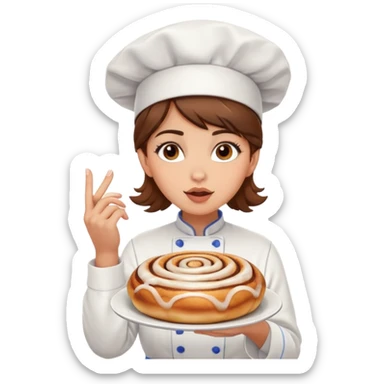 a chef female with brown hair and brown eyes blowing a kiss with a cinnamon roll in one hand sticker